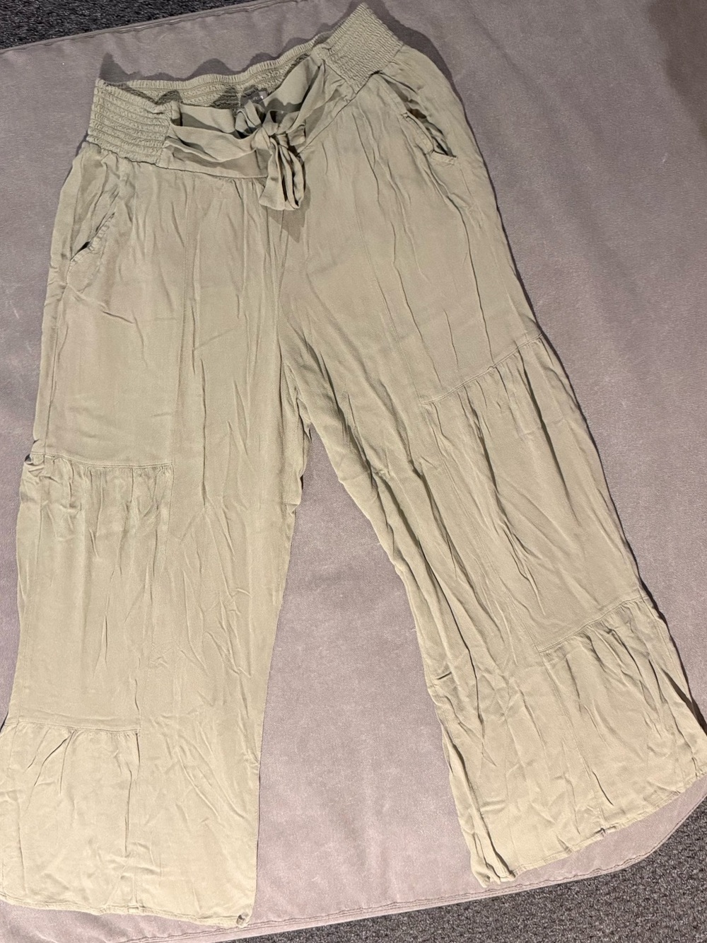 Light Olive Tiered Wide-Leg Flowy Pants